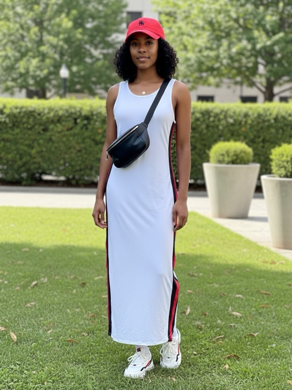 Discreet White Tank Maxi Dress Side Stripe Varsity Athleisure Size M Very Good